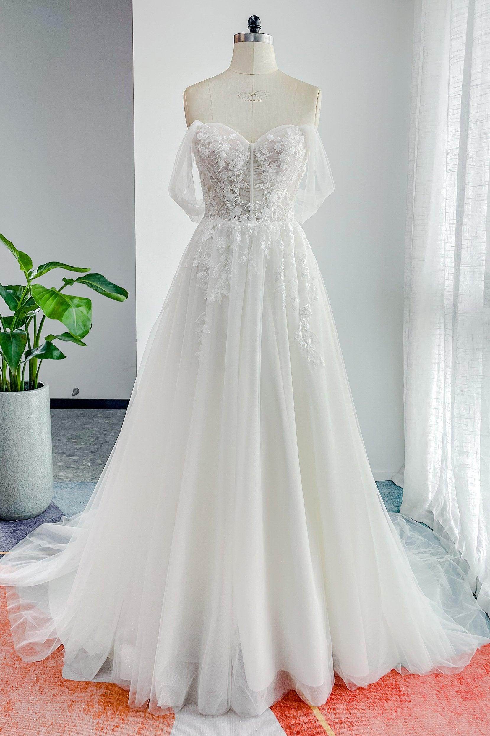 A-Line Court Train Lace Tulle Wedding Dress CW3155 - COCOMELODY